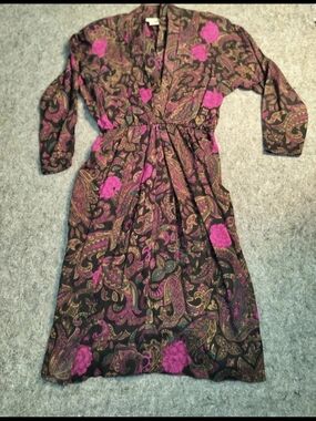 Leslie Fay Dark Brown Paisley Midi Dress with Fuchsia Floral Accents Size 8